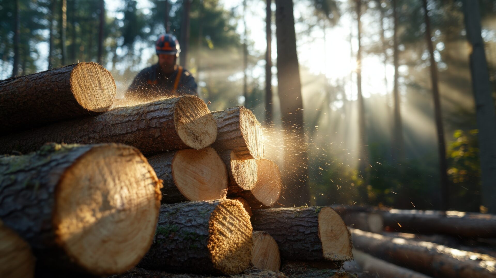 Sonnenlicht strömt durch einen dichten Wald und beleuchtet einen Stapel frisch gefällter Baumstämme. Ein mit Schutzausrüstung ausgerüsteter Holzfäller arbeitet fleißig zwischen den Bäumen. Die Szene betont nachhaltige Forstwirtschaftspraktiken und Bemühungen zum Umweltschutz.